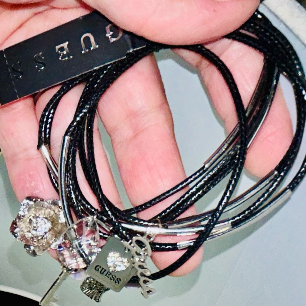 NWT Set of 7 Guess Black and Silver Bracelets With Charms